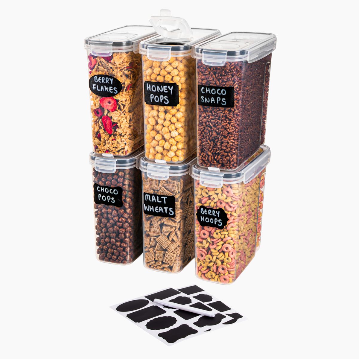 Set of transparent food storage containers with labeled lids on a white background