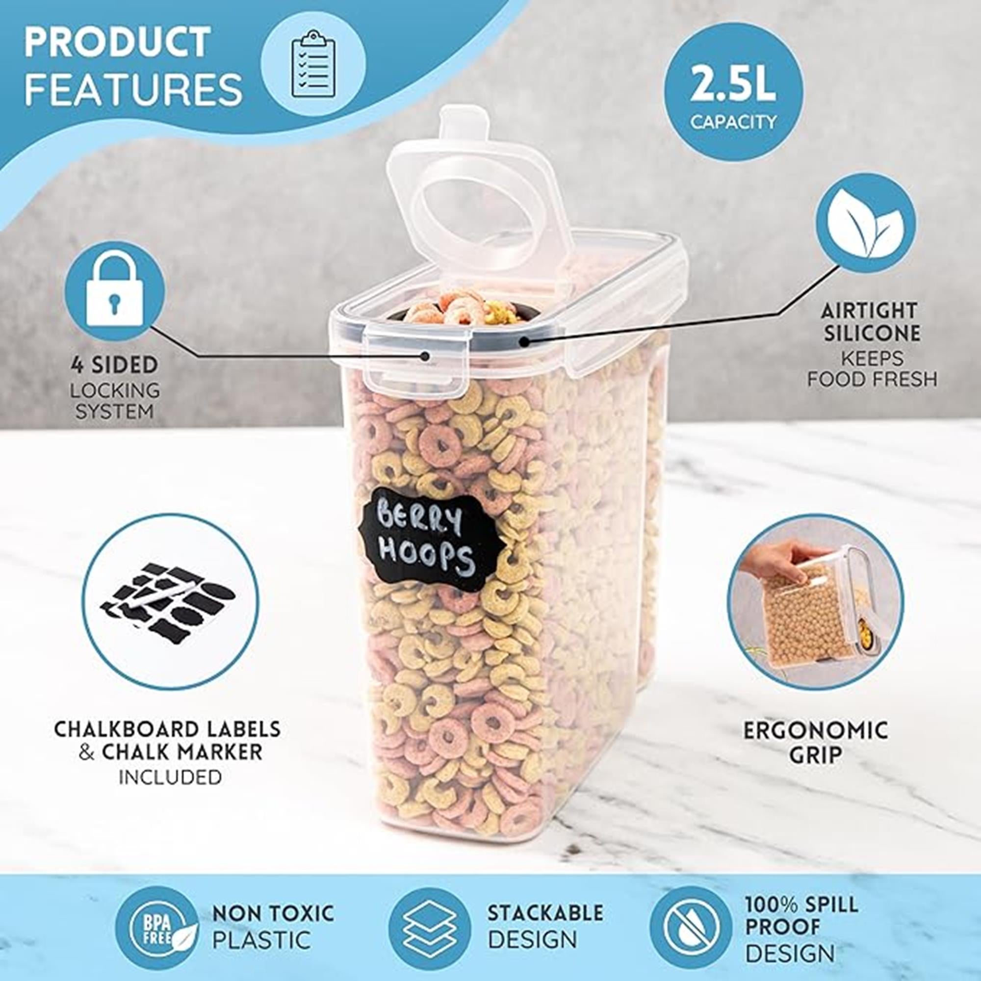 2.5L cereal containers with airtight silicon to keep food fresh with 100% spill proof design