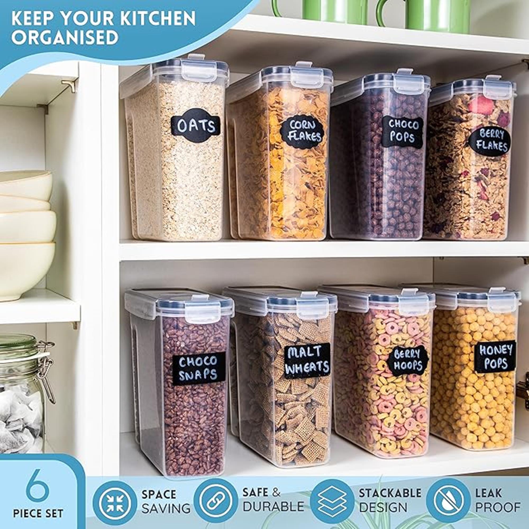 Keep your kitchen organized with 6pcs stackable cereal containers with leak proof designs. 