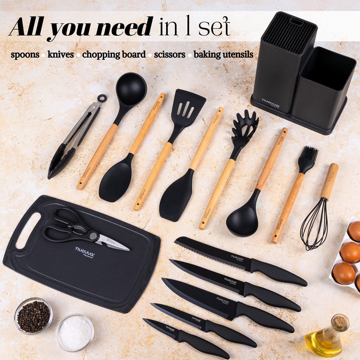 17pcs Black Silicone Kitchen Utensil & Knife Set with Block & Chopping Board