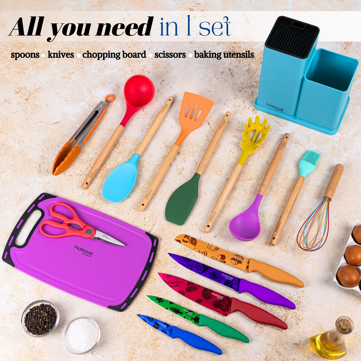 17pcs Colourful Silicone Kitchen Utensil & Knife Set with Block & Chopping Board