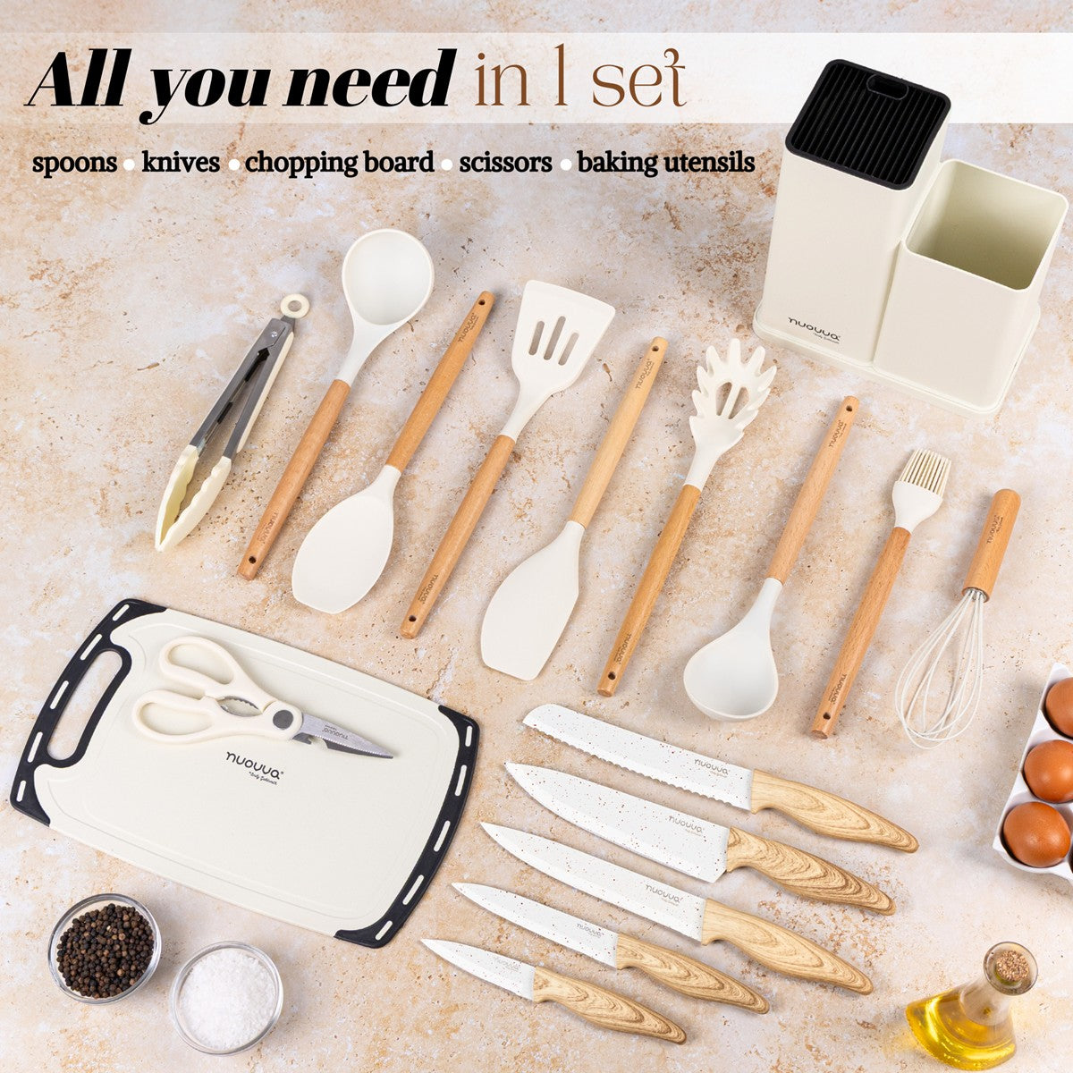 17pcs Cream Silicone Cooking Utensil & Knife Set with Block & Chopping Board