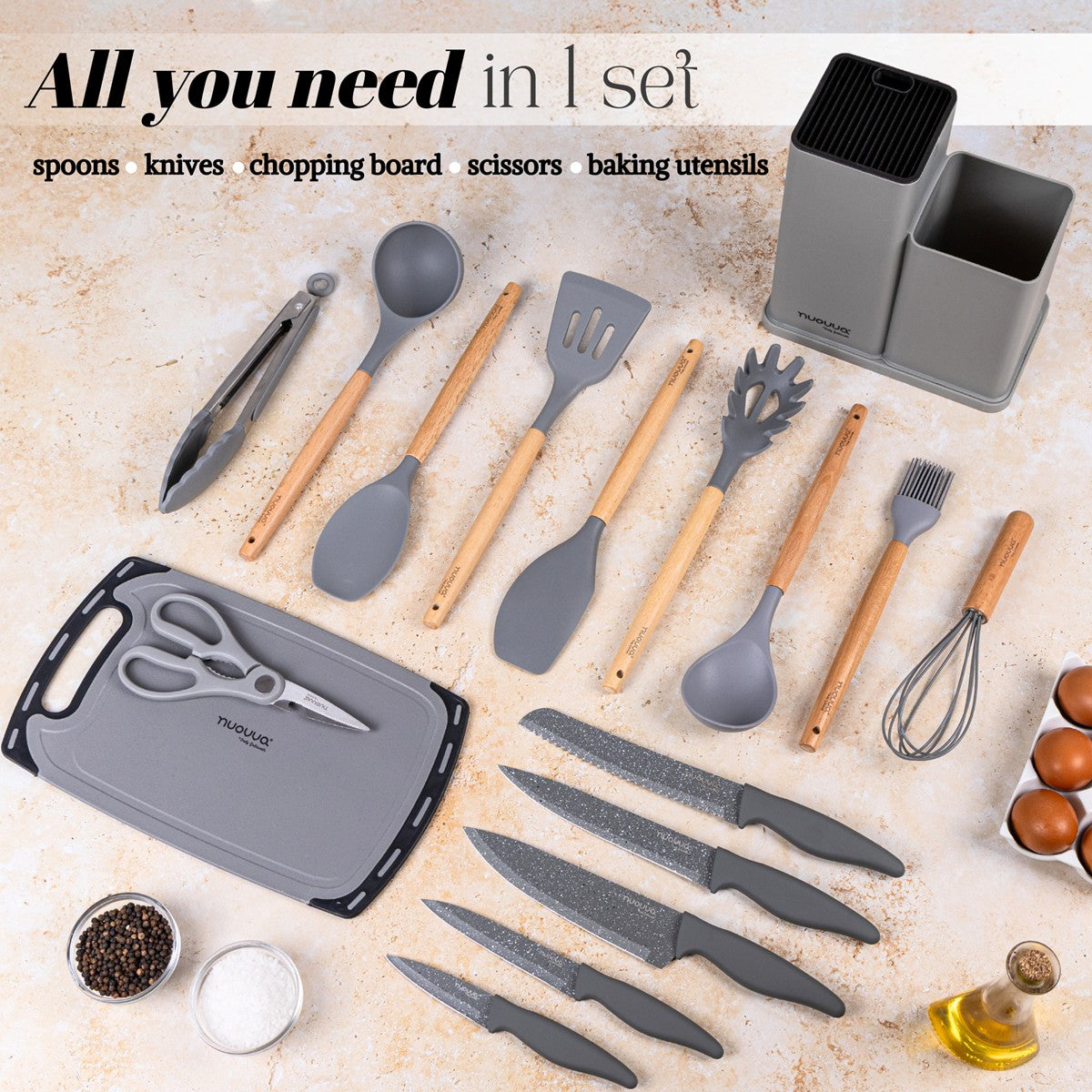 17pcs Grey Silicone Kitchen Utensil & Knife Set with Block & Chopping Board