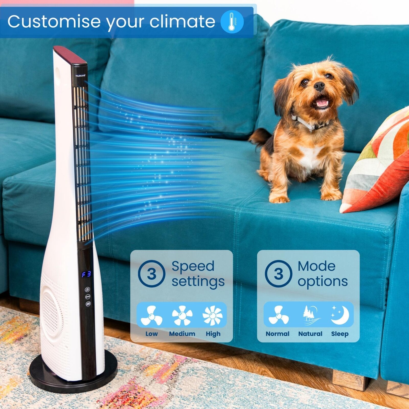 Customize your climate with the bladeless tower fan including 3 speed settings and 3 mode options. 