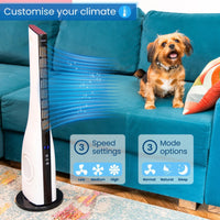 Customize your climate with the bladeless tower fan including 3 speed settings and 3 mode options. 