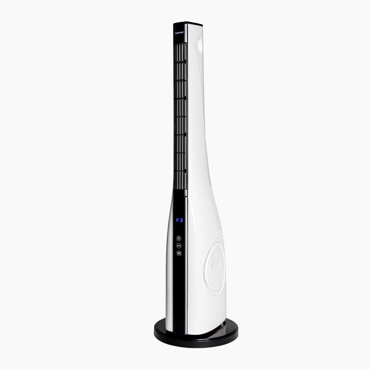 White and black blameless tower fan with remote control