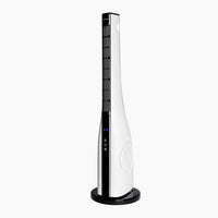 White and black blameless tower fan with remote control