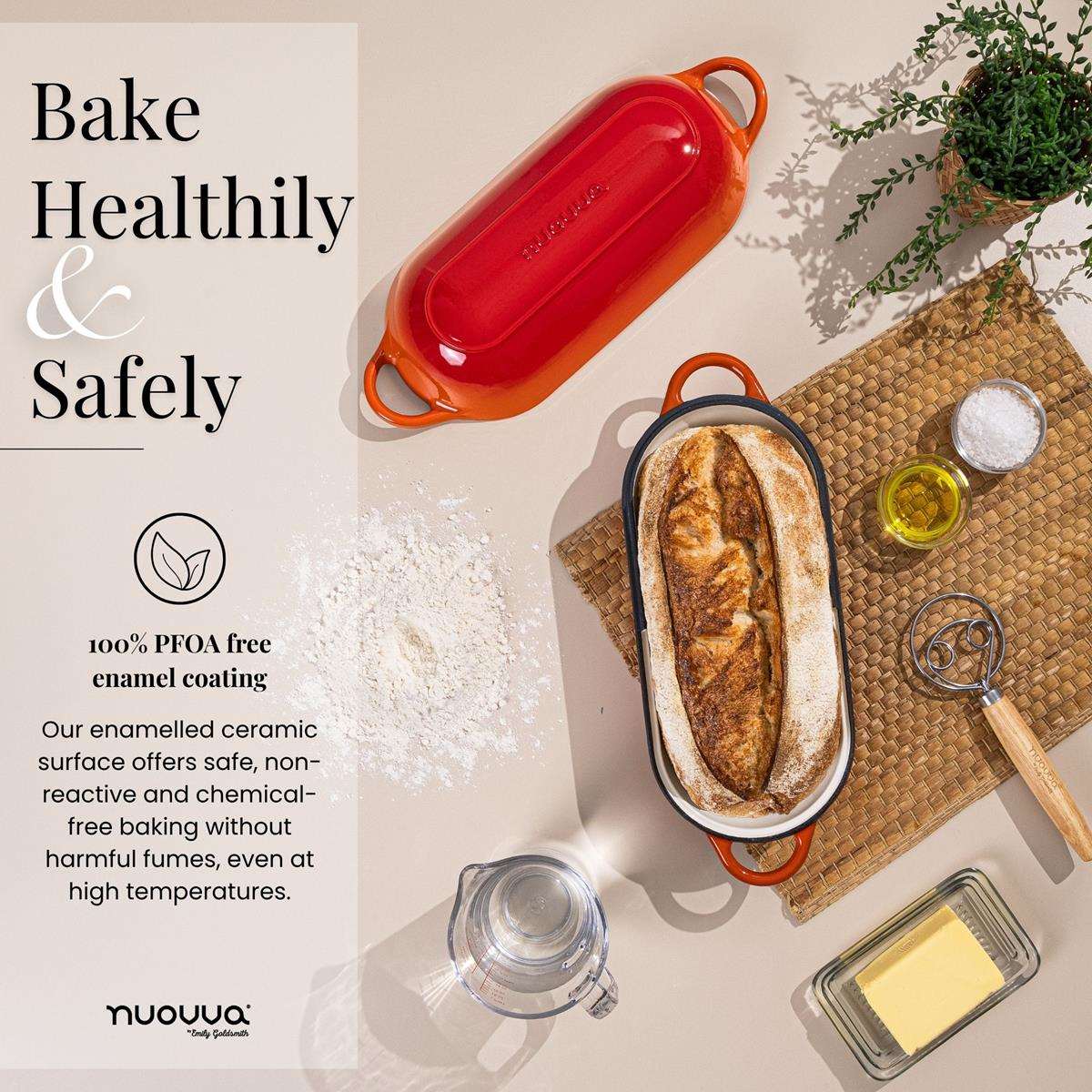 Healthy cookware with nuovva enamelled ceramic cast iron bread loaf pan with 100% PFOA free coating. 