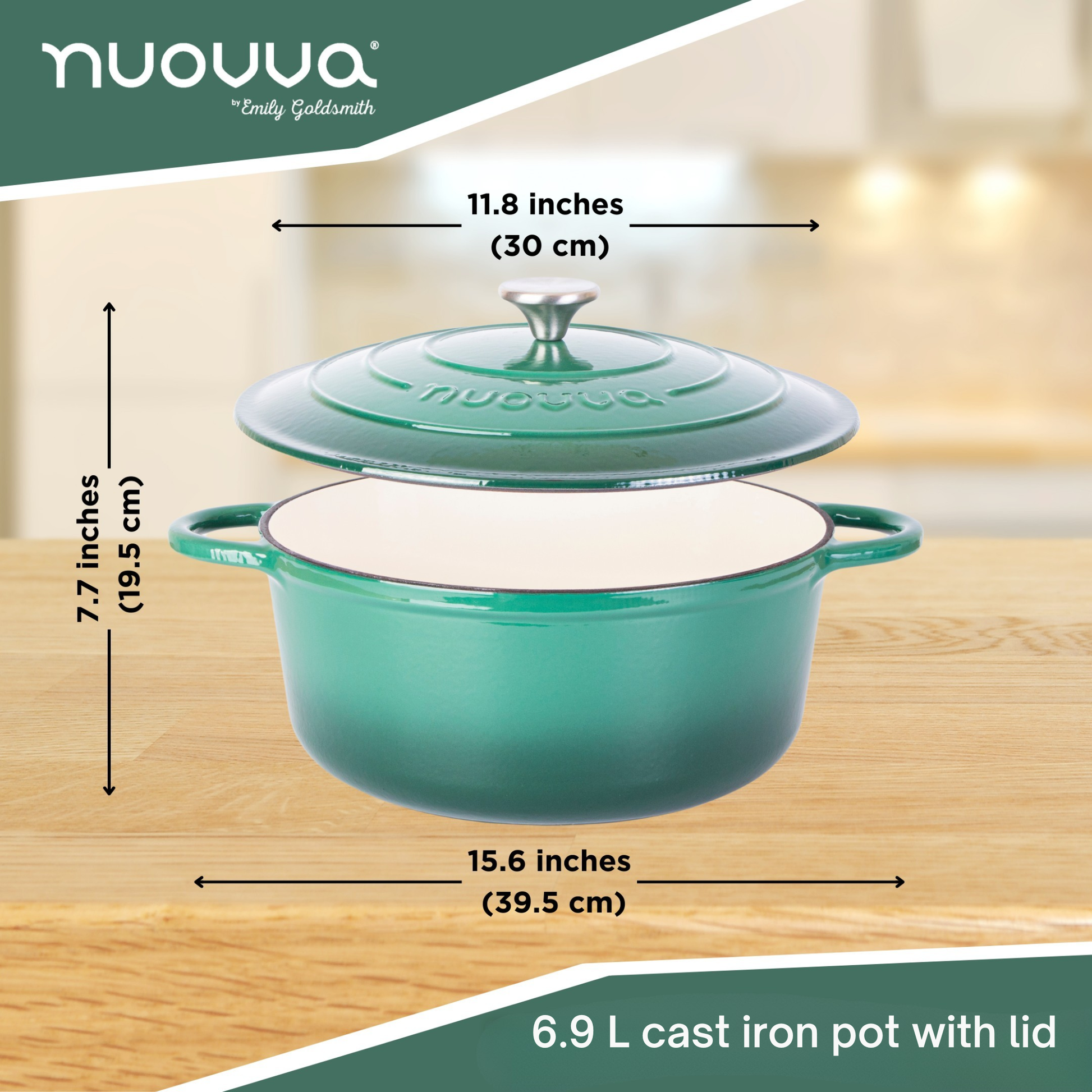 Nuovva dark green cast iron pot with lid - 6.9L in depth and 30cm across. 
