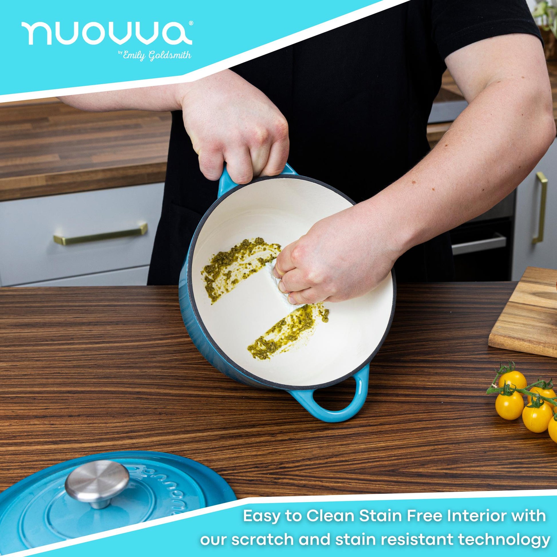 Nuovva easy to clean cast iron Dutch oven with scratch and stain resistant technology. 