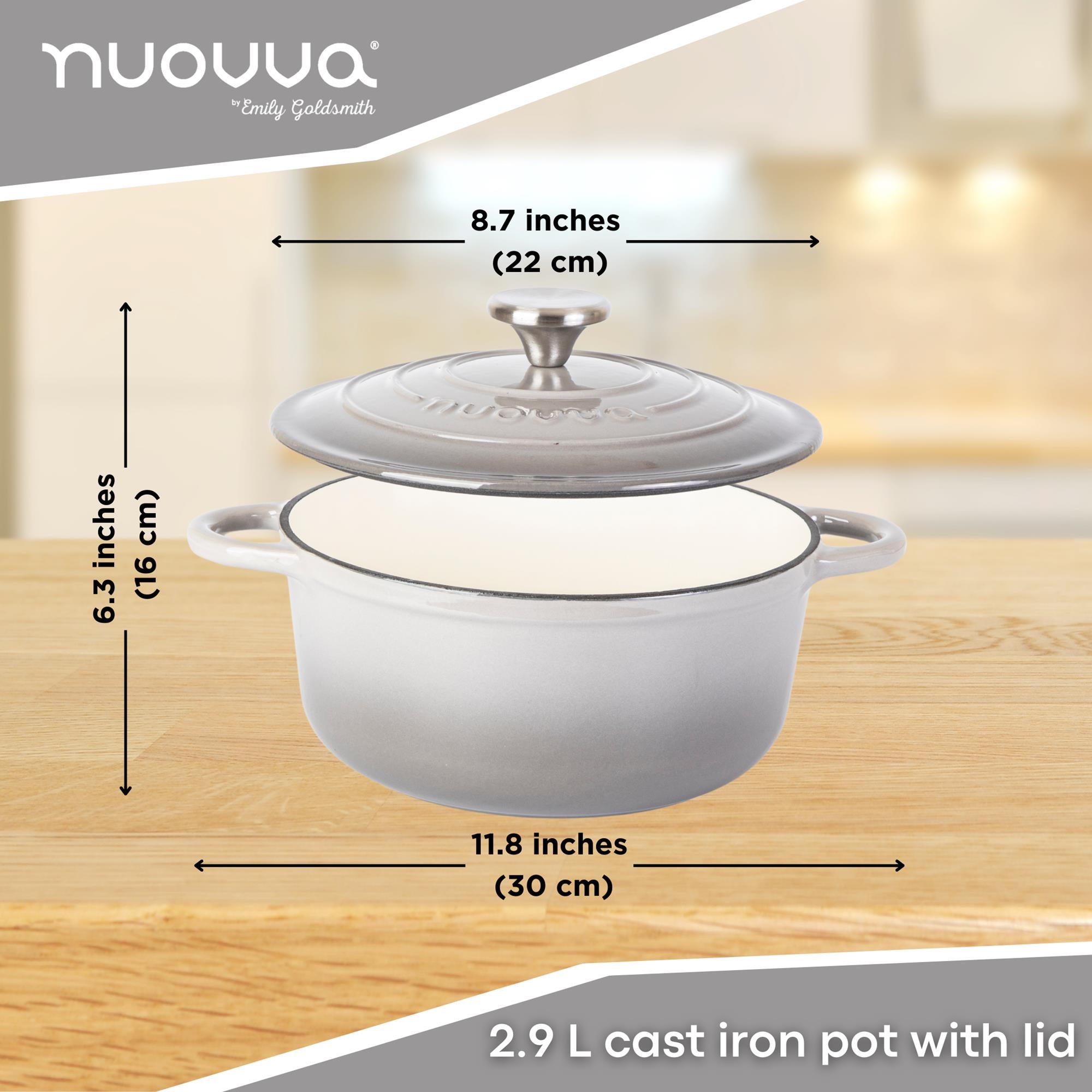 2.9L cast iron dutch oven with measurement and dimensions