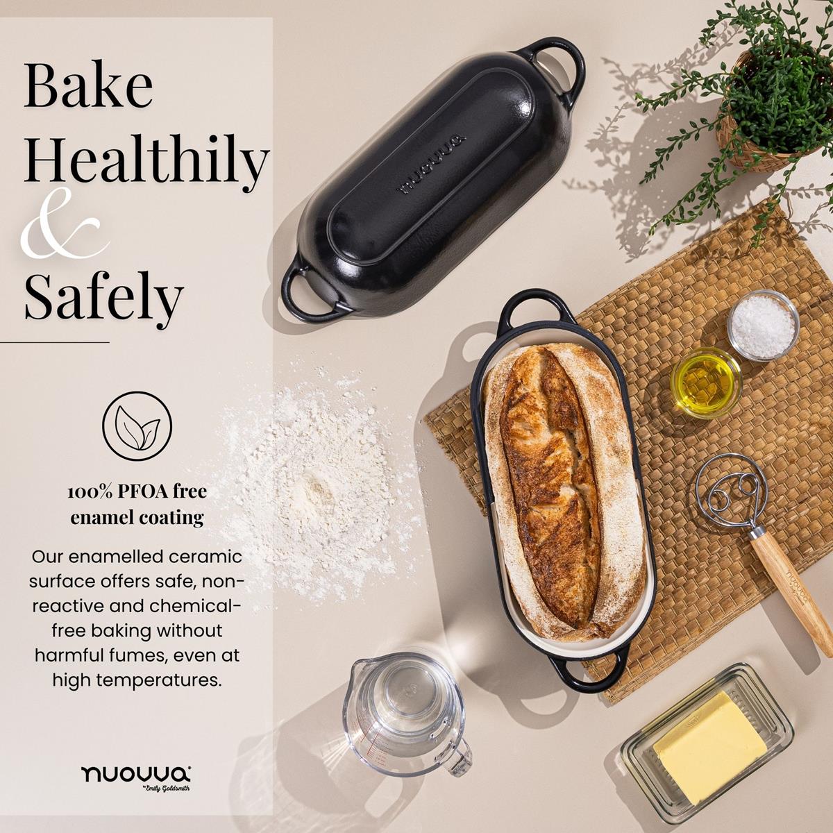 Healthy baking with cast iron bread loaf pan with lid and 100% PFOA free enamel coating. 