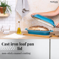 Light blue cast iron bread loaf pan with lid and non-stick enamel coating