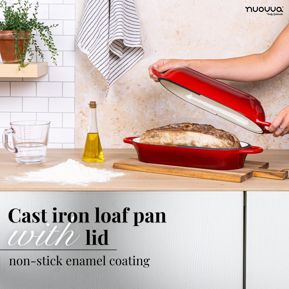 Red non-stick cast iron loaf pan with lid, bread pan with enamel coating for healthy cooking. 