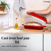 Red non-stick cast iron loaf pan with lid, bread pan with enamel coating for healthy cooking. 