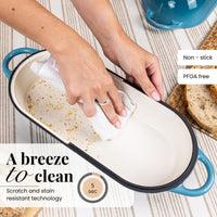 Easy to clean bread loaf pan with scratch and stain resistant technology. 
