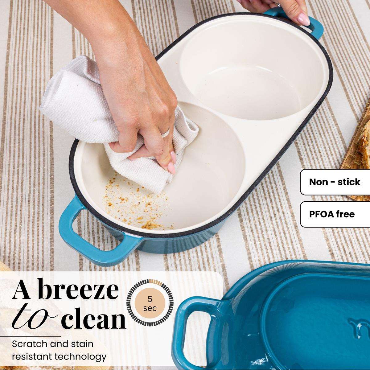 Nuovva light blue cast iron bread loaf pans are easy to clean with scratch and stain resistant technology. 
