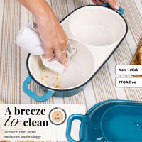 Nuovva light blue cast iron bread loaf pans are easy to clean with scratch and stain resistant technology. 