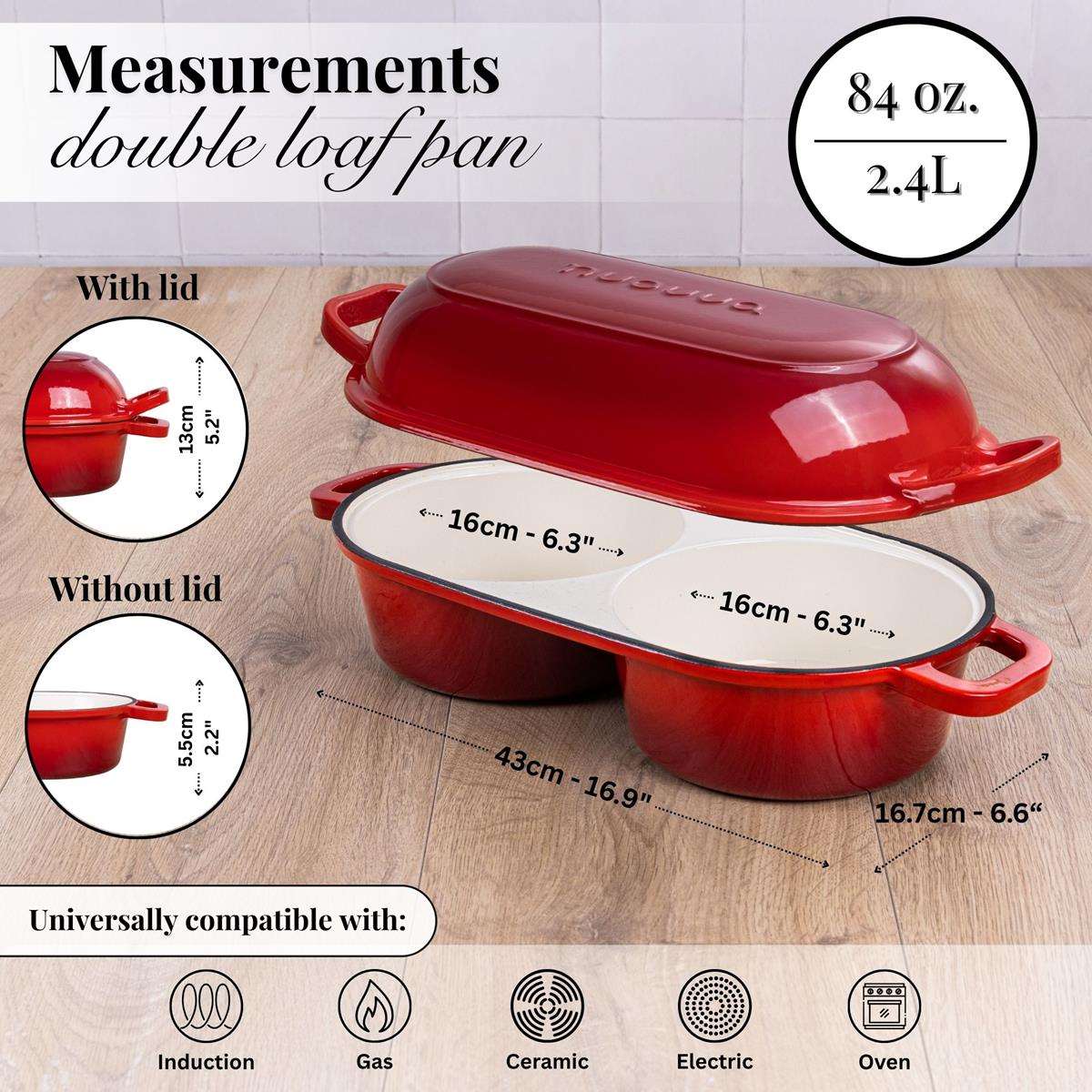 Measurements for the nuovva cast iron double bread loaf pan. Oven-safe Dutch oven universally compatible with all stove types. 
