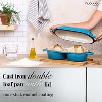 Nuovva light blue cast iron double bread loaf pan with lid and non-stick enemal coating for efficient home bread baking. 