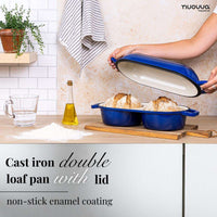 Nuovva dark blue cast iron double loaf pan with lid and non-stick enamel coating. 