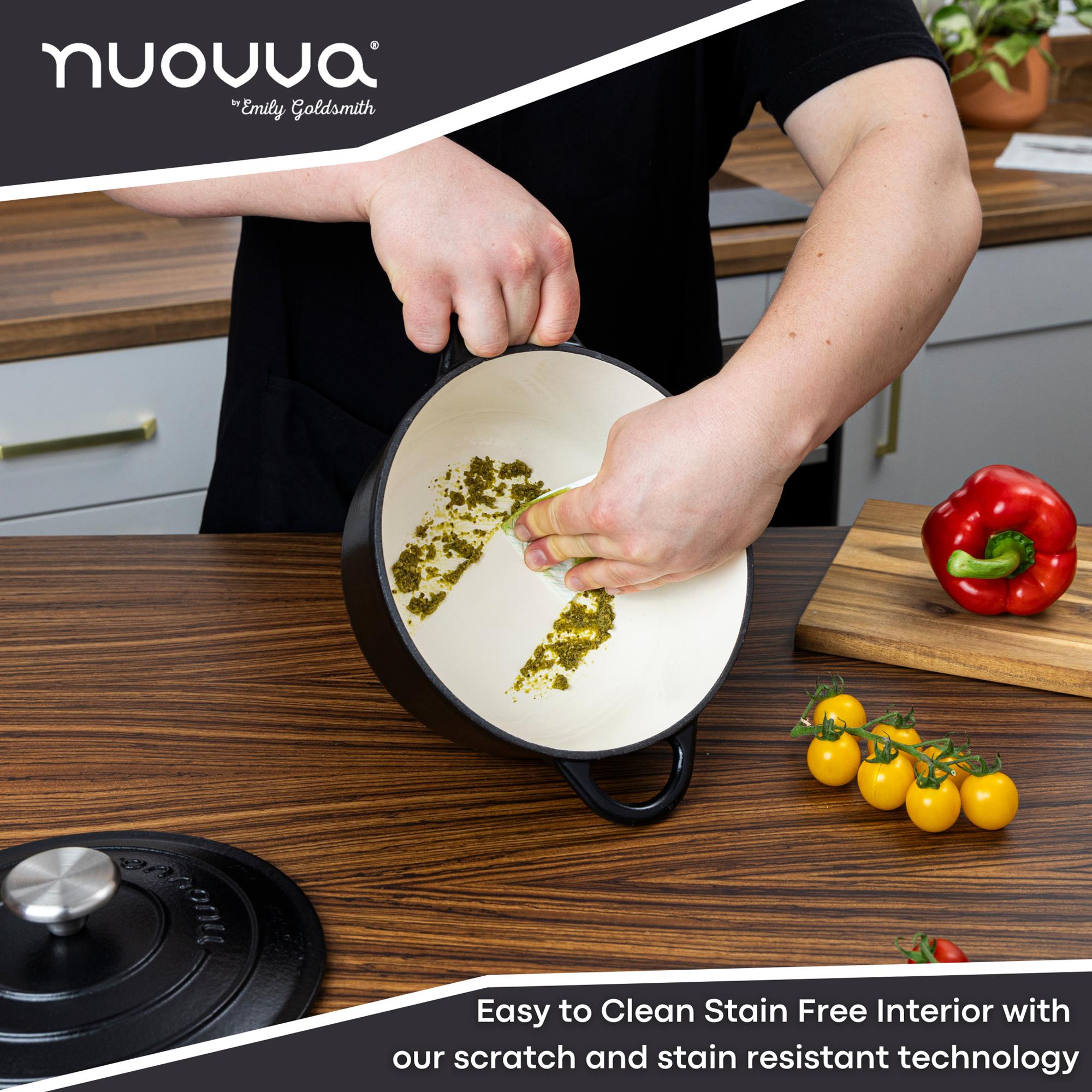 nuovva black cast iron Dutch oven with scratch and stain resistant technology interior