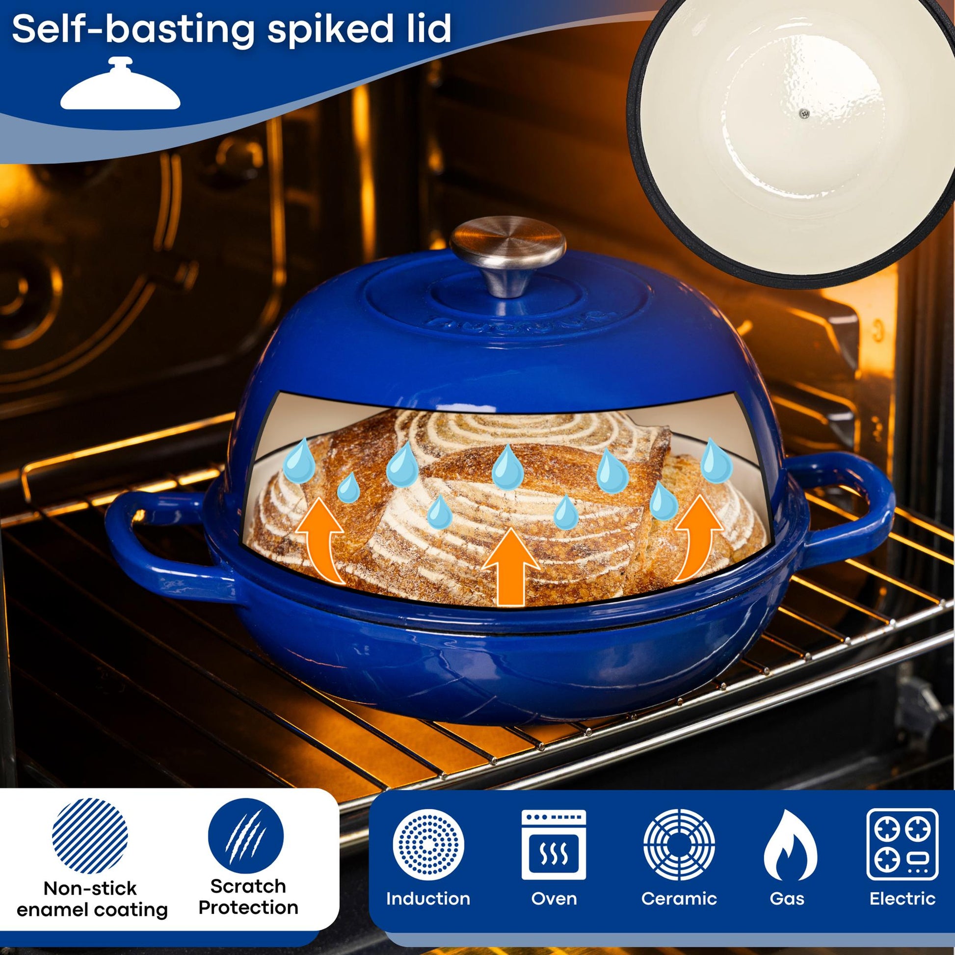 Nuovva dark blue cast iron bread pot with self basting lid, non-stick enamel coating and safe on all stove tops and ovens. 
