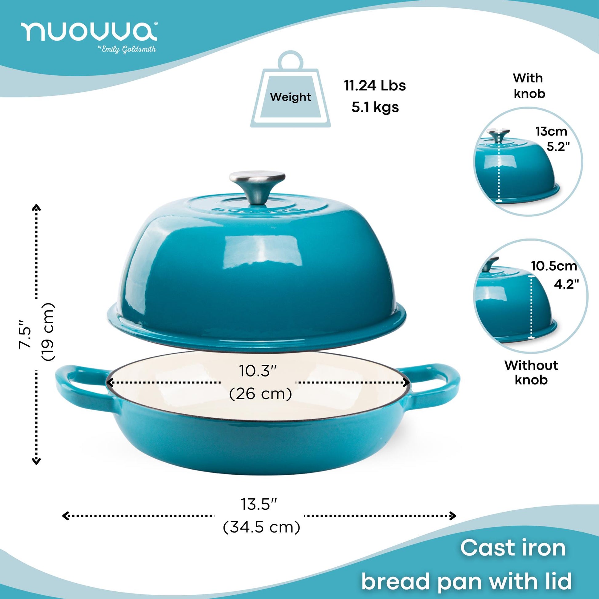 Blue cast iron bread pan with lid, measurements - 26cm across and 19cm in height. 