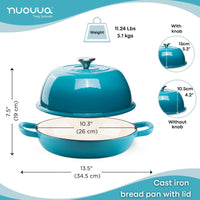 Blue cast iron bread pan with lid, measurements - 26cm across and 19cm in height. 