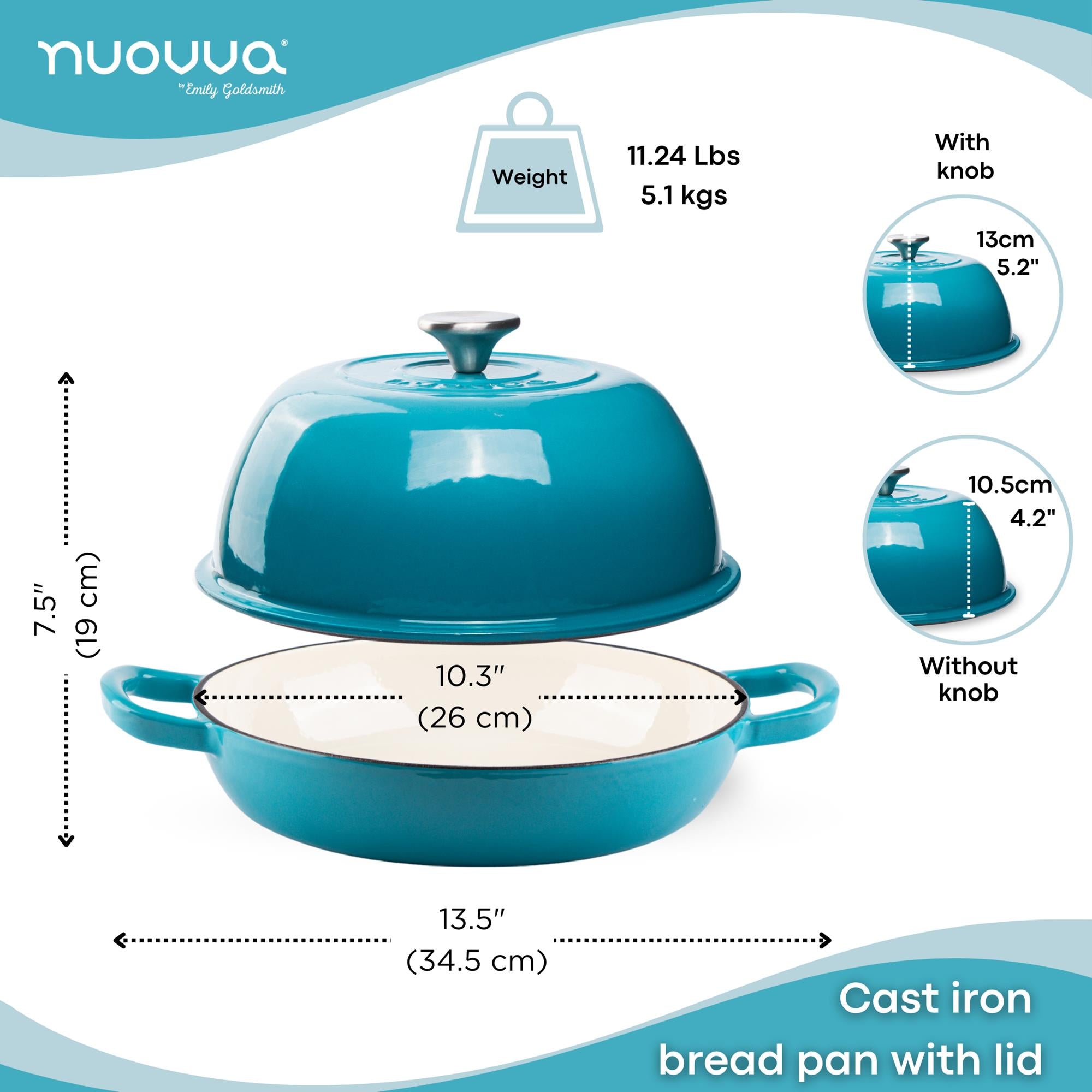 Blue cast iron bread pan with lid, measurements - 26cm across and 19cm in height. 