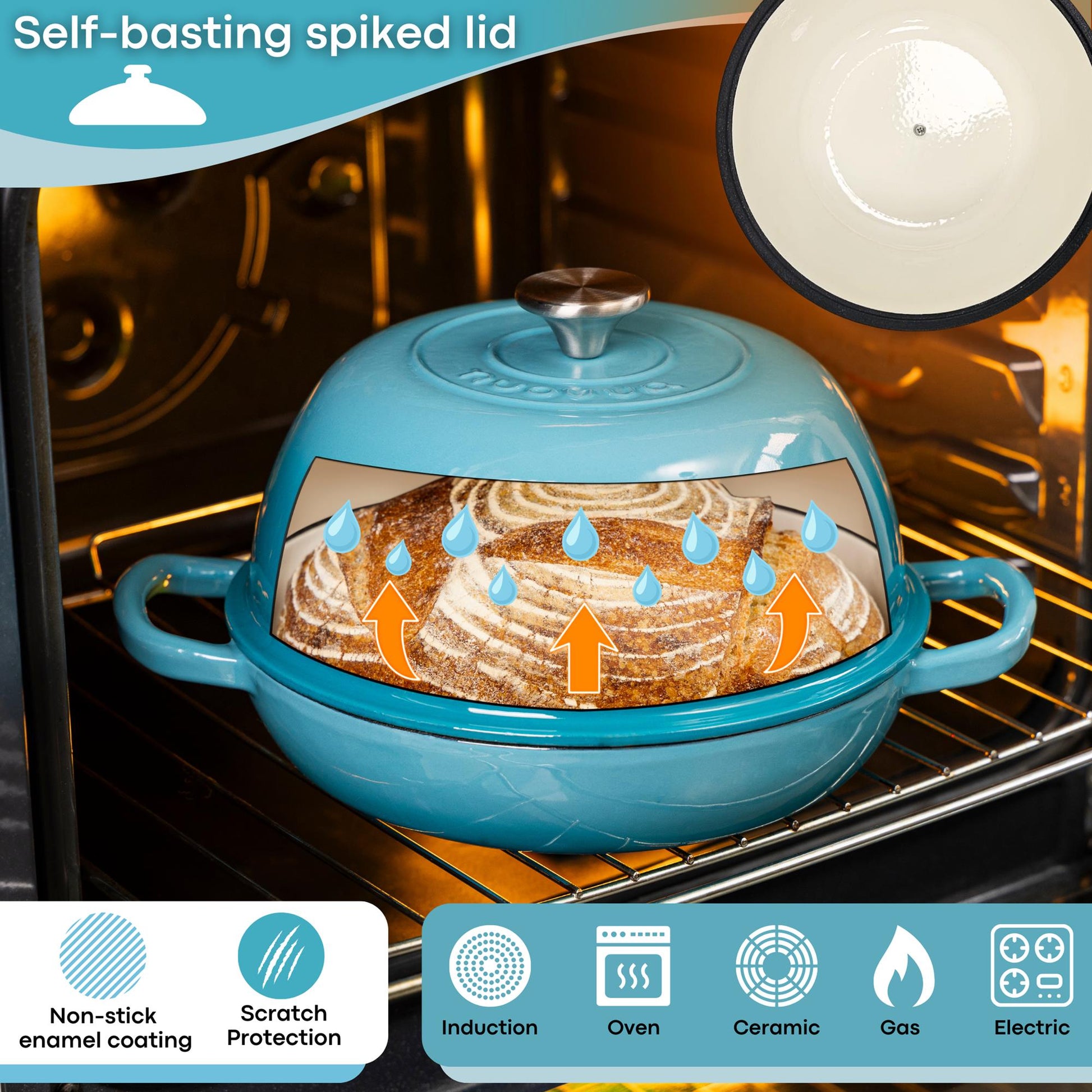 Light blue enemalled cast iron bread pan with self-basting spiked lid - the Dutch Oven is induction compatible for all stovetops. 