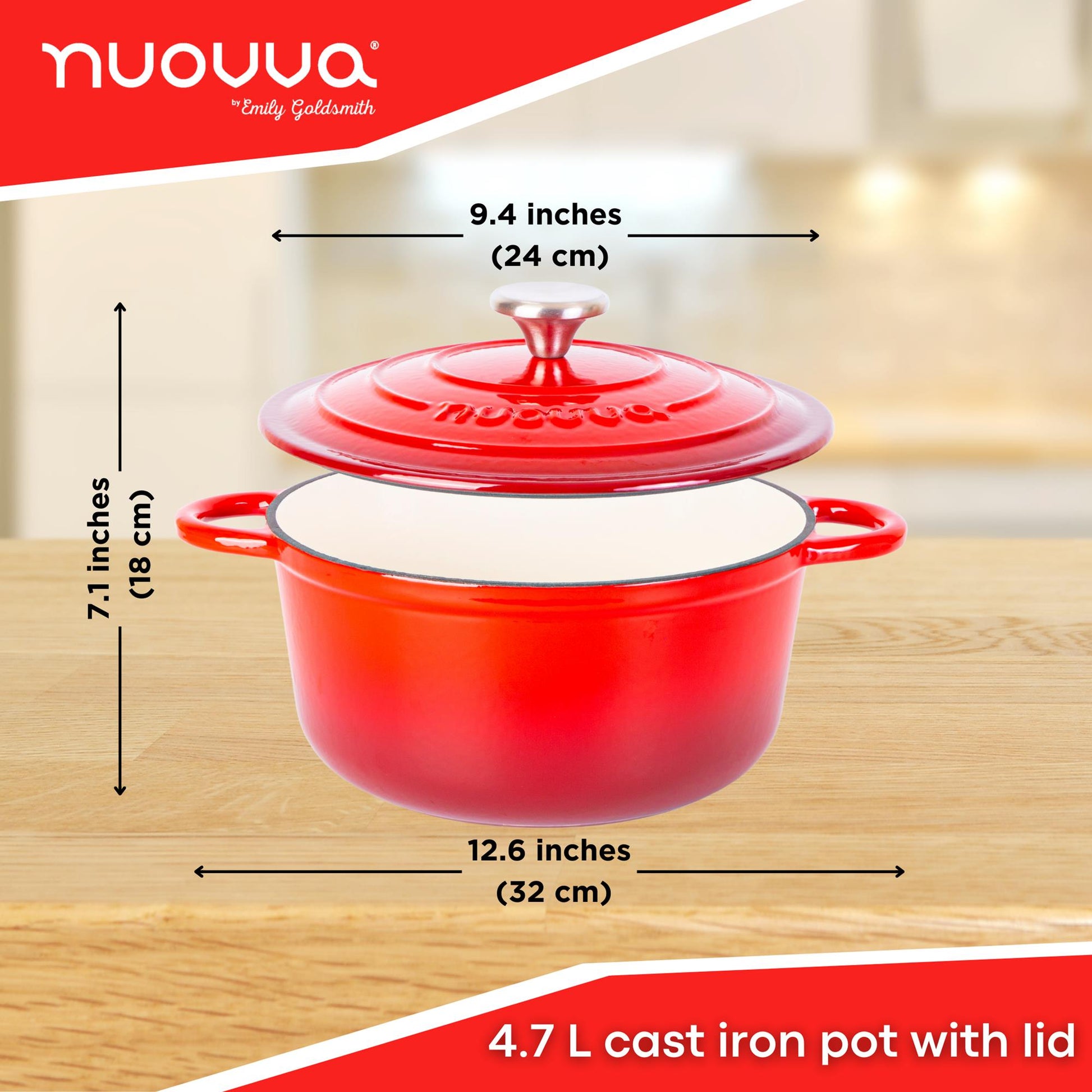 Nuovva red cast iron pot with lid 4.7L deep and 24cm lengthwise. 
