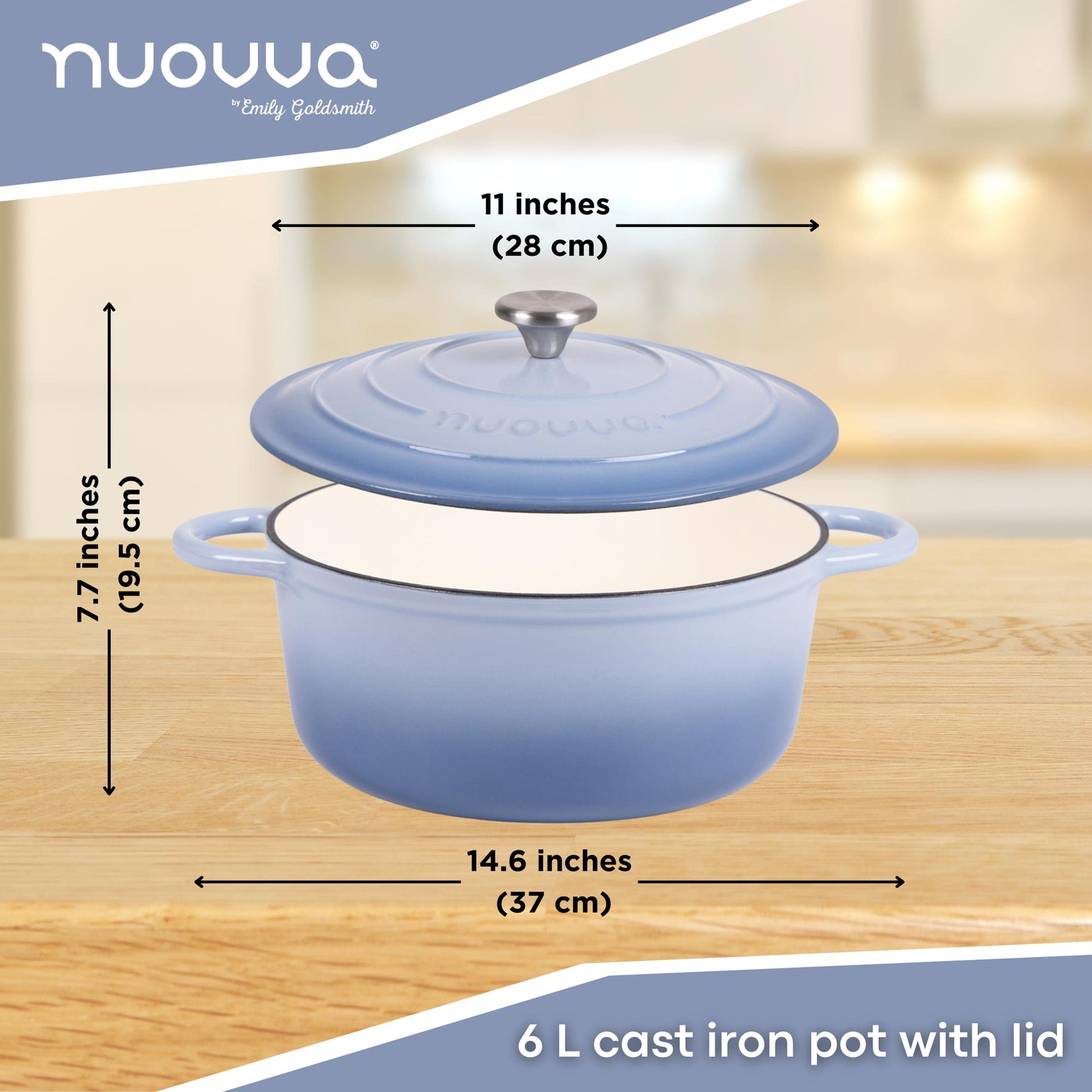 Pastel blue cast iron pot with dimensions and capacity - 6L. 