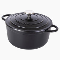 Nuovva black cast iron Dutch oven casserole pot with lid and metal knob. 