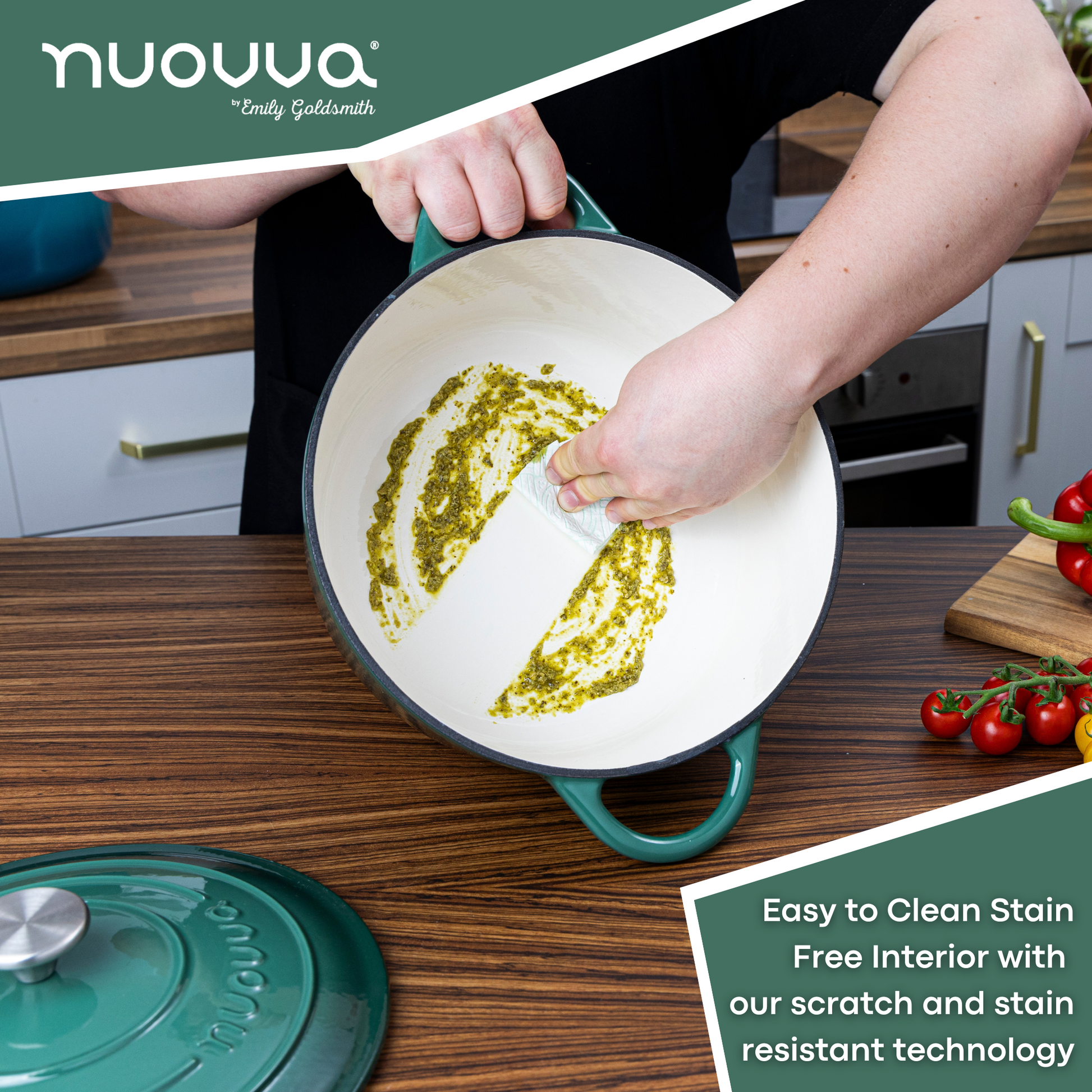Nuovva easy to clean Dutch oven stain free interior with scratch and stain resistant technology. 