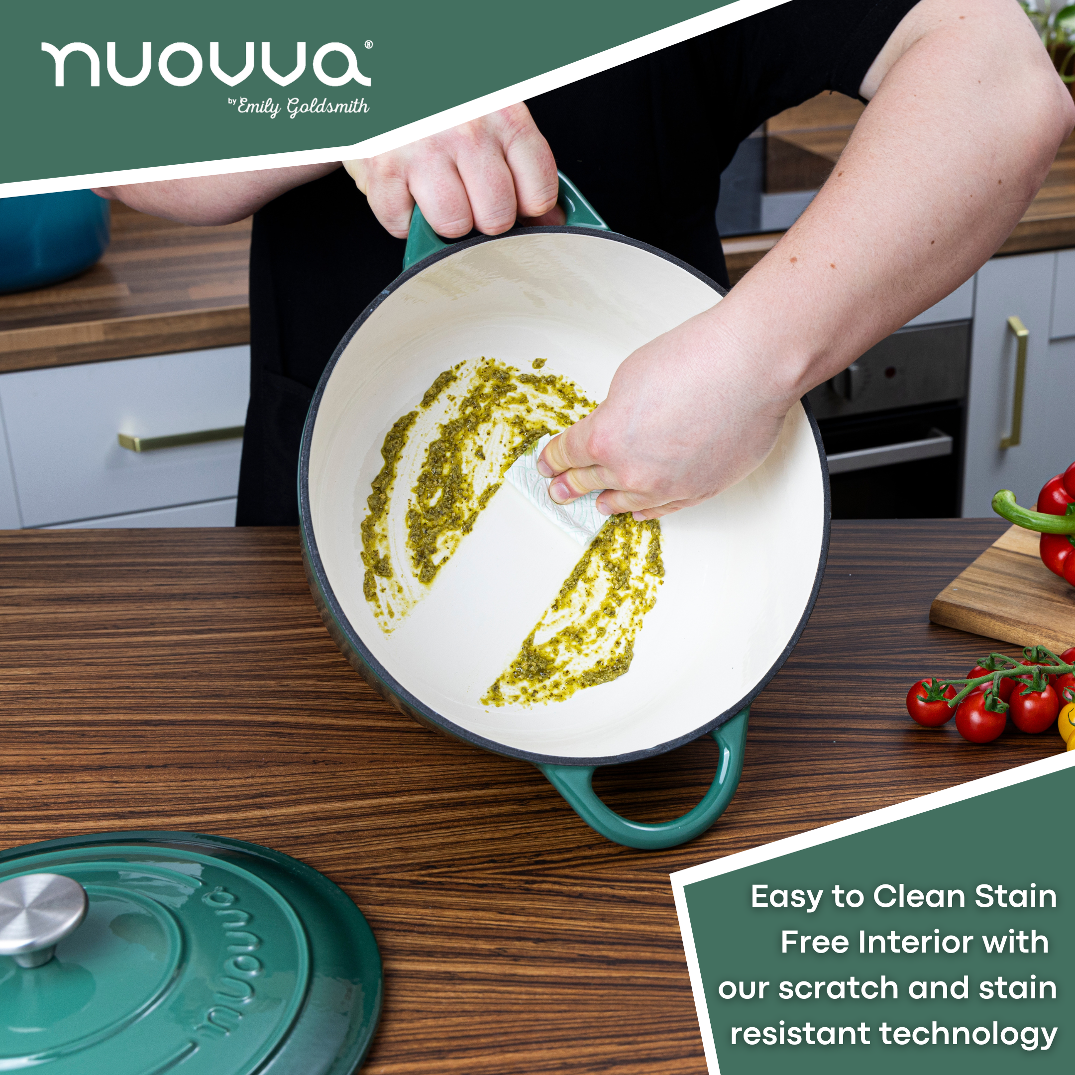 Nuovva easy to clean Dutch oven stain free interior with scratch and stain resistant technology. 