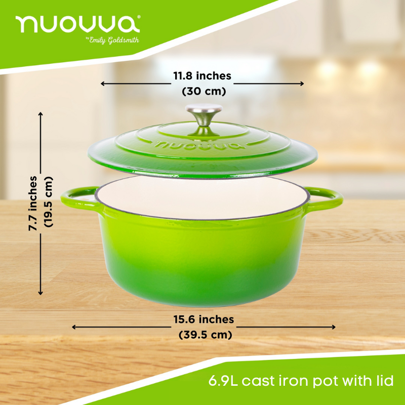 Nuovva light green 6.9L cast iron pot with lid and measurements 