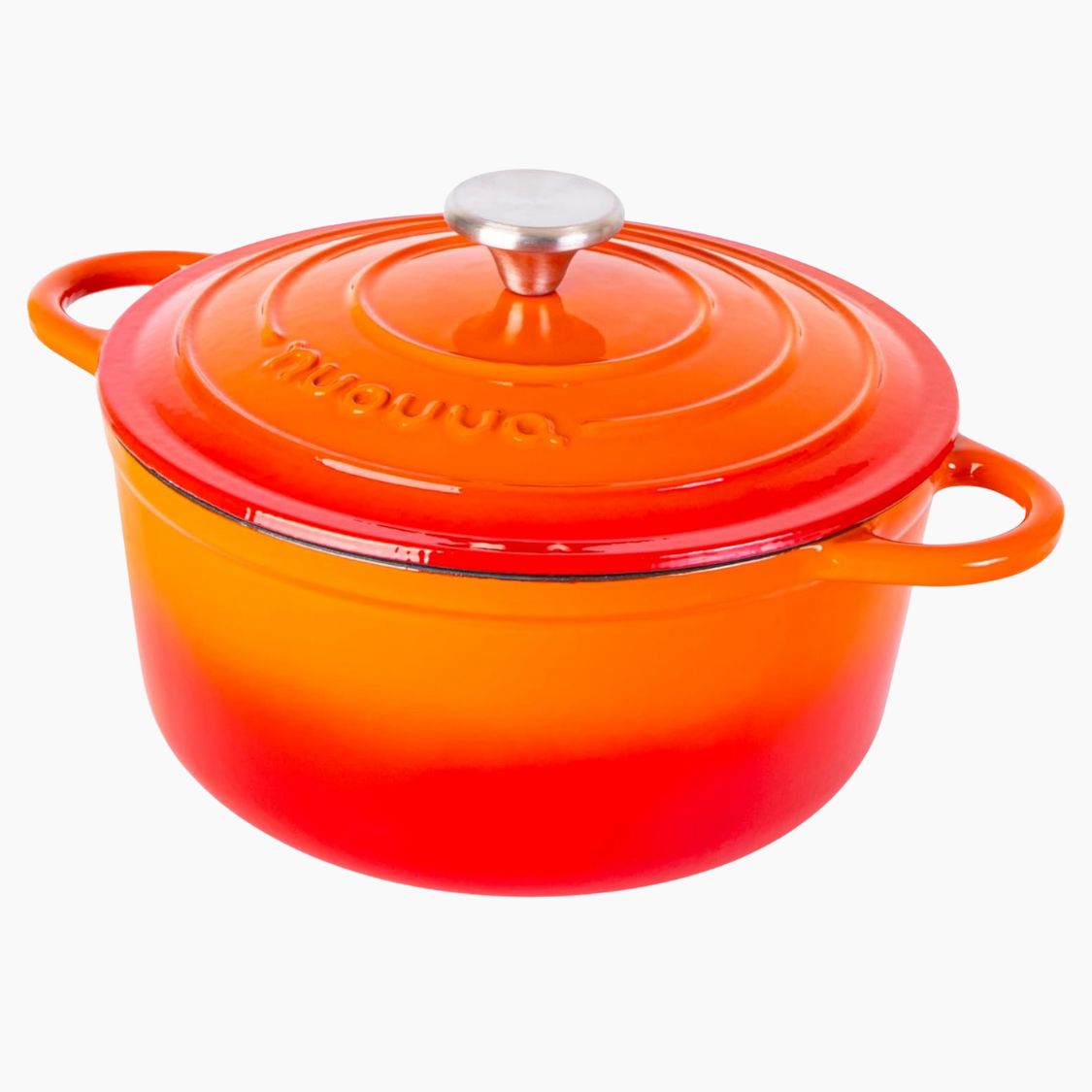 Orange enameled cast iron Dutch oven with a silver lid knob - Nuovva cookware. 
