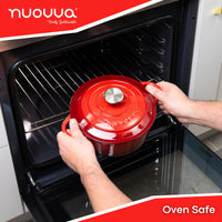 Oven safe Dutch oven casserole pot with lid and silver knob. 