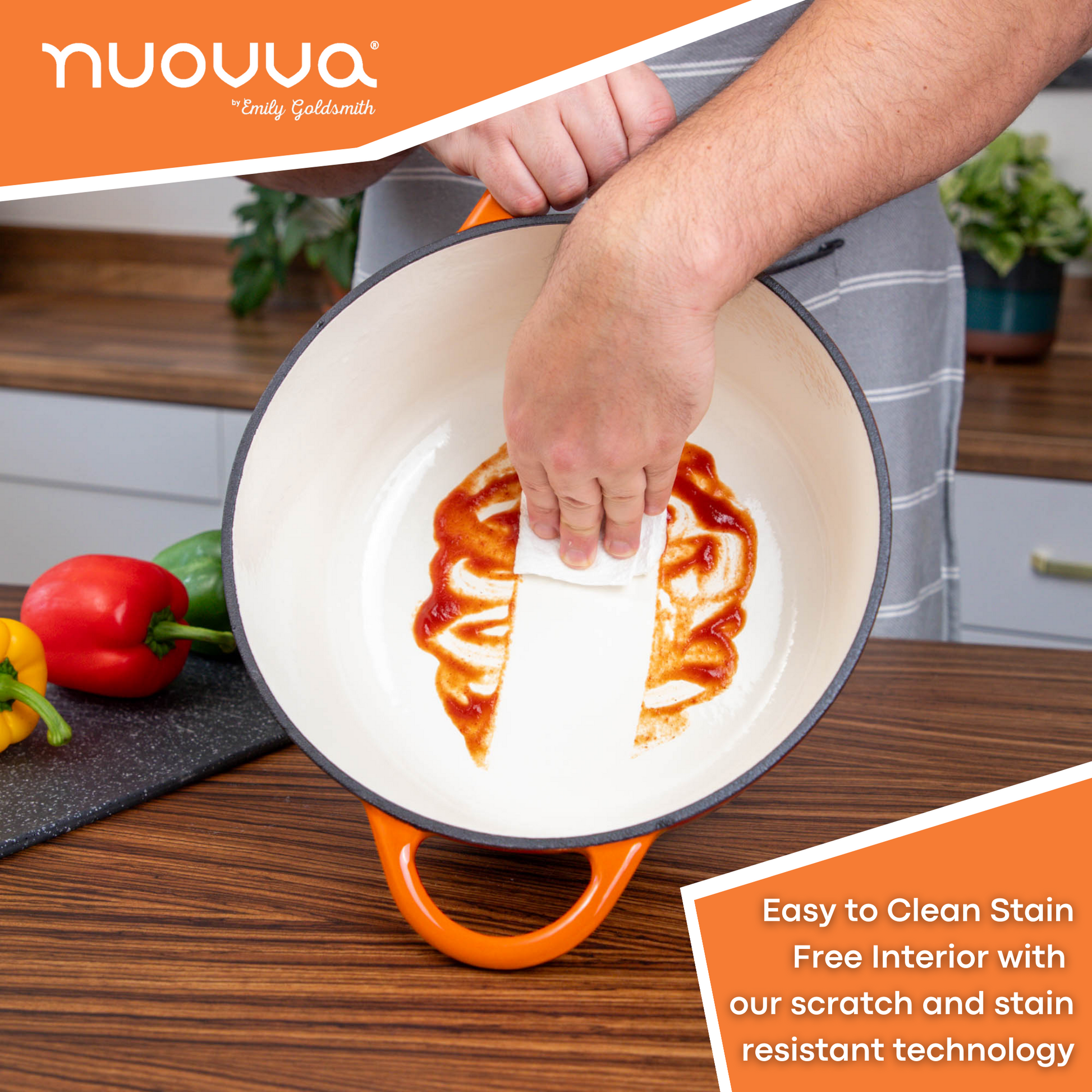Nuovva easy to clean cast iron casserole pot with stain free interior featuring scratch & stain resistant technology. 
