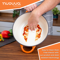 Nuovva easy to clean cast iron casserole pot with stain free interior featuring scratch & stain resistant technology. 