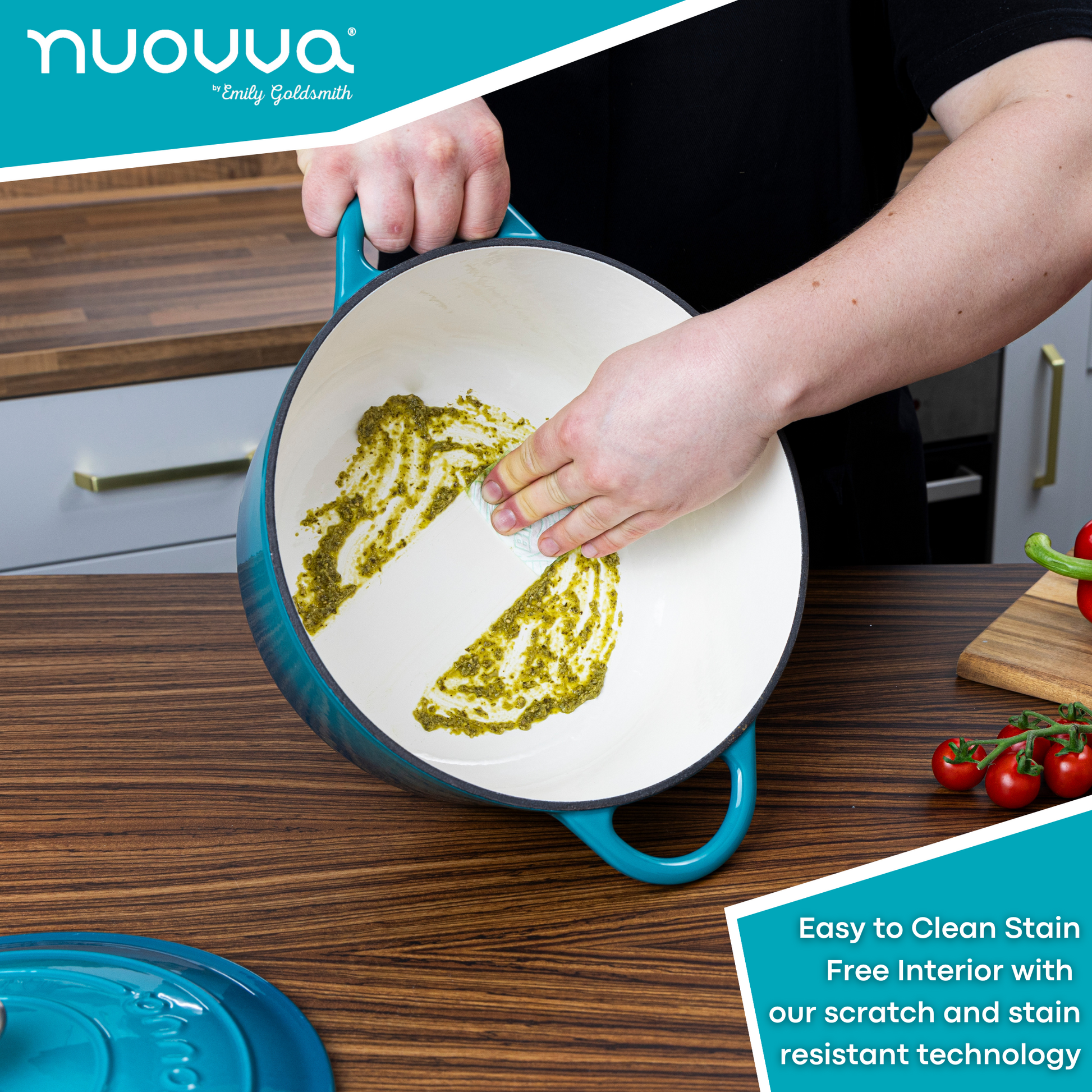 Nuovva cast iron Dutch oven with easy to clean stain free interior featuring scratch and stain resistant technology. 