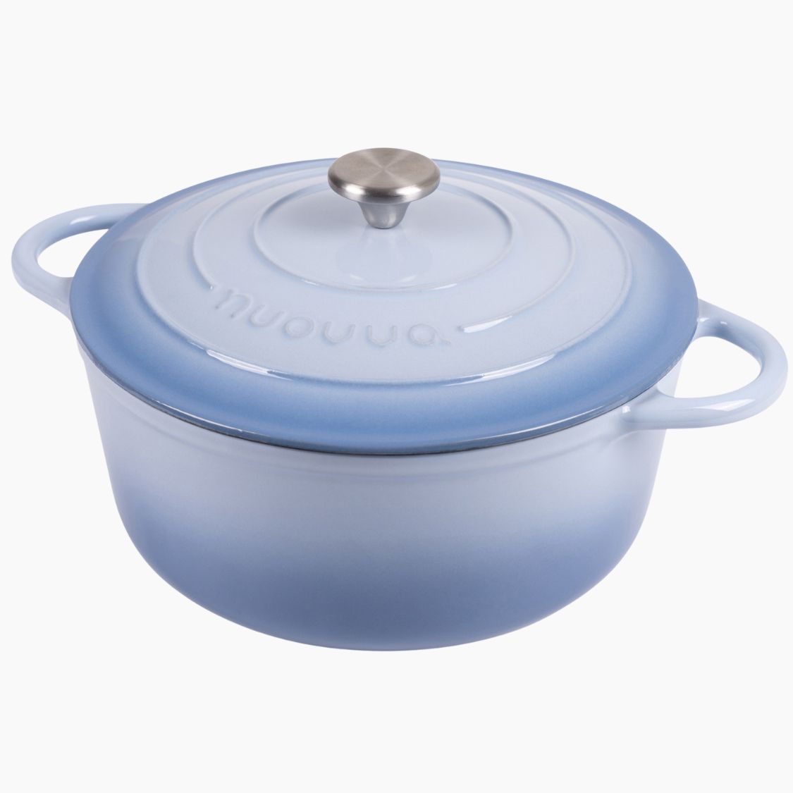 Nuovva cast iron Dutch oven casserole pot with lid in sea salt pastel shade with metal knob. 