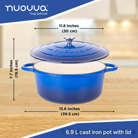 Nuovva dark blue cast iron pot with lid and measurements - 6.9L in depth and 30cm across. 
