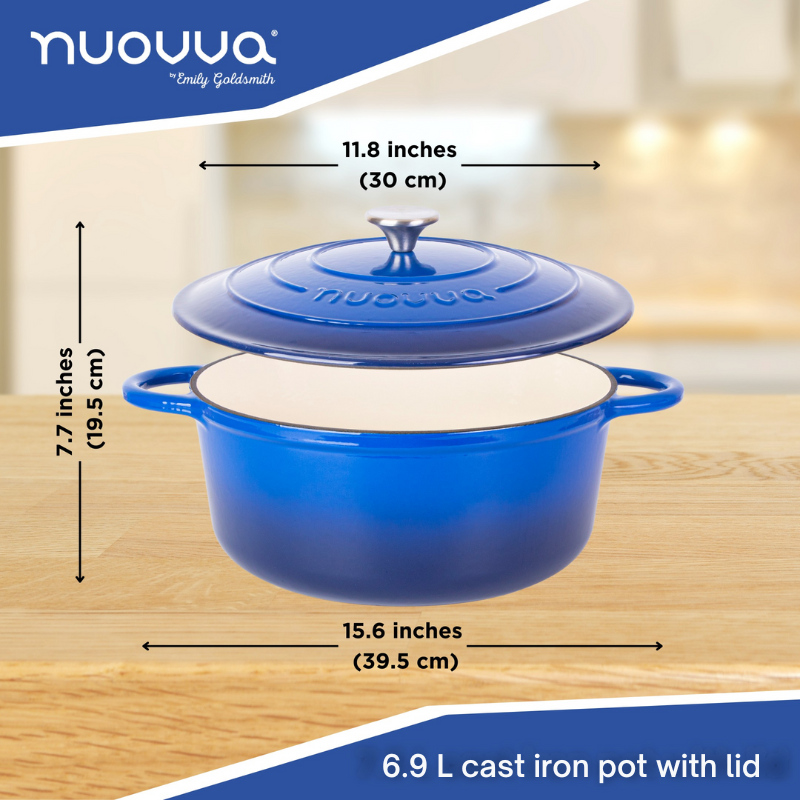 Nuovva dark blue cast iron pot with lid and measurements - 6.9L in depth and 30cm across. 