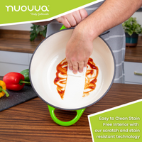 Nuovva light green cast iron Dutch oven is easy to clean with a stain free interior with scratch and stain resistant technology. 