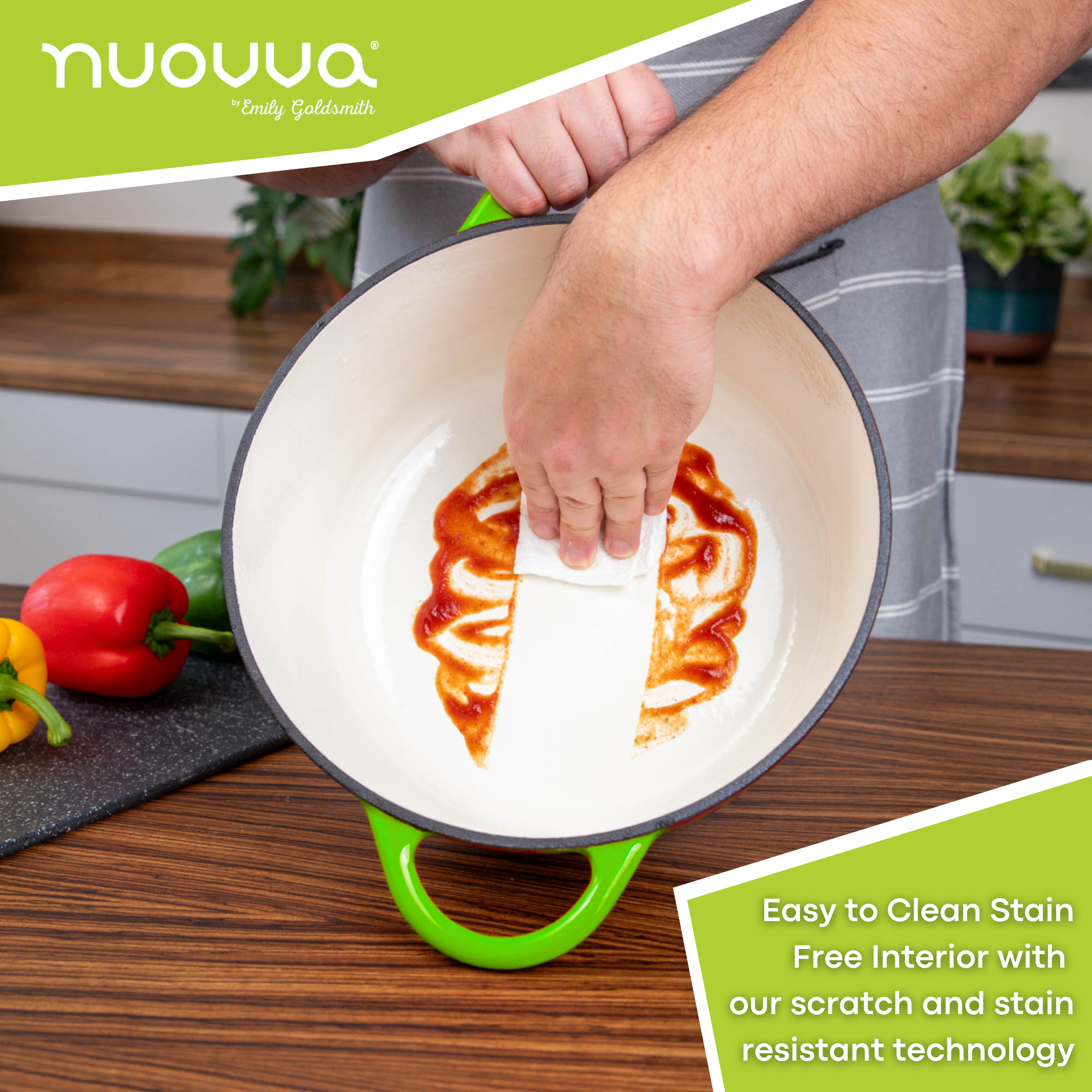Nuovva light green cast iron Dutch oven is easy to clean with a stain free interior with scratch and stain resistant technology. 