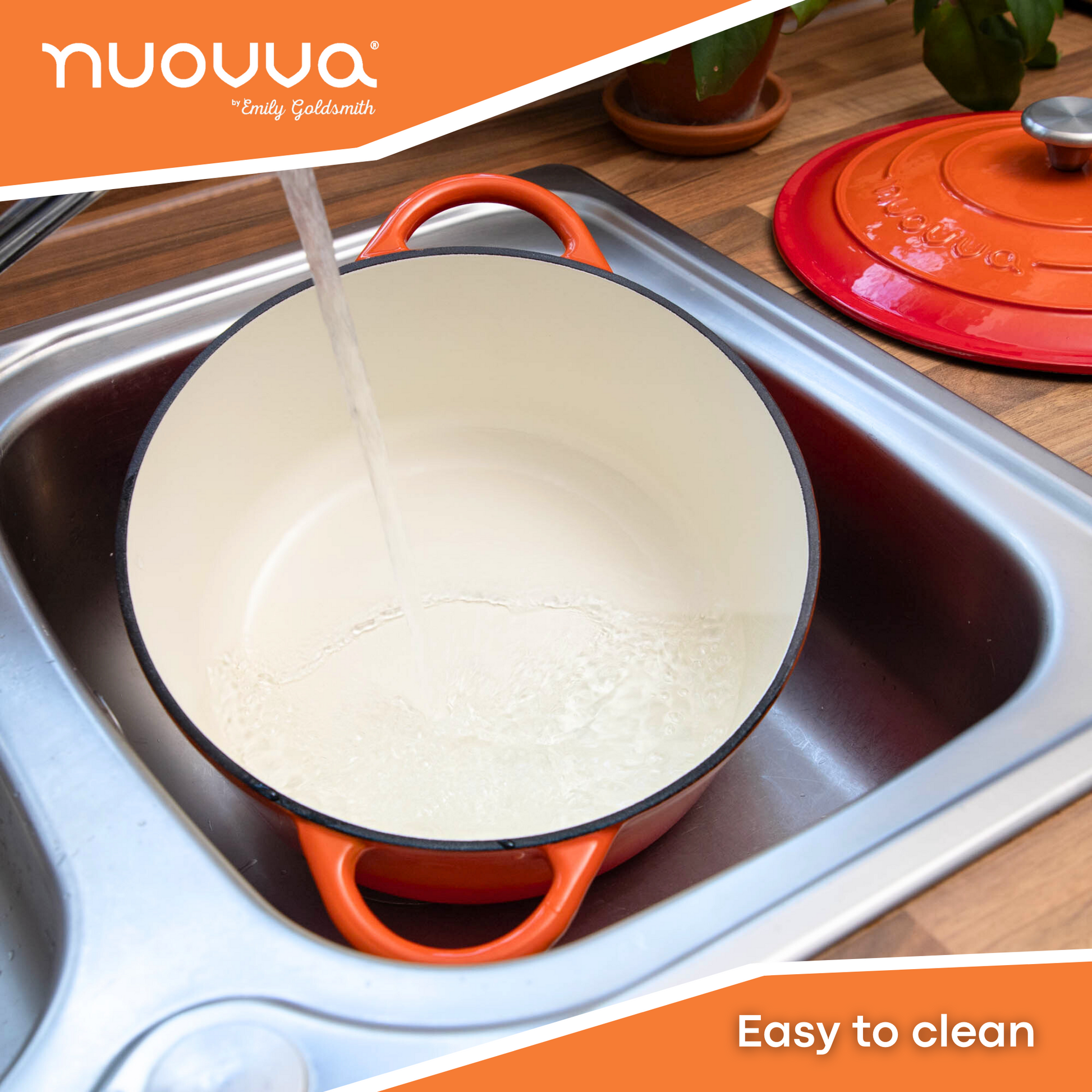 Nuovva easy to clean cast iron casserole pot with lid and white interior. 