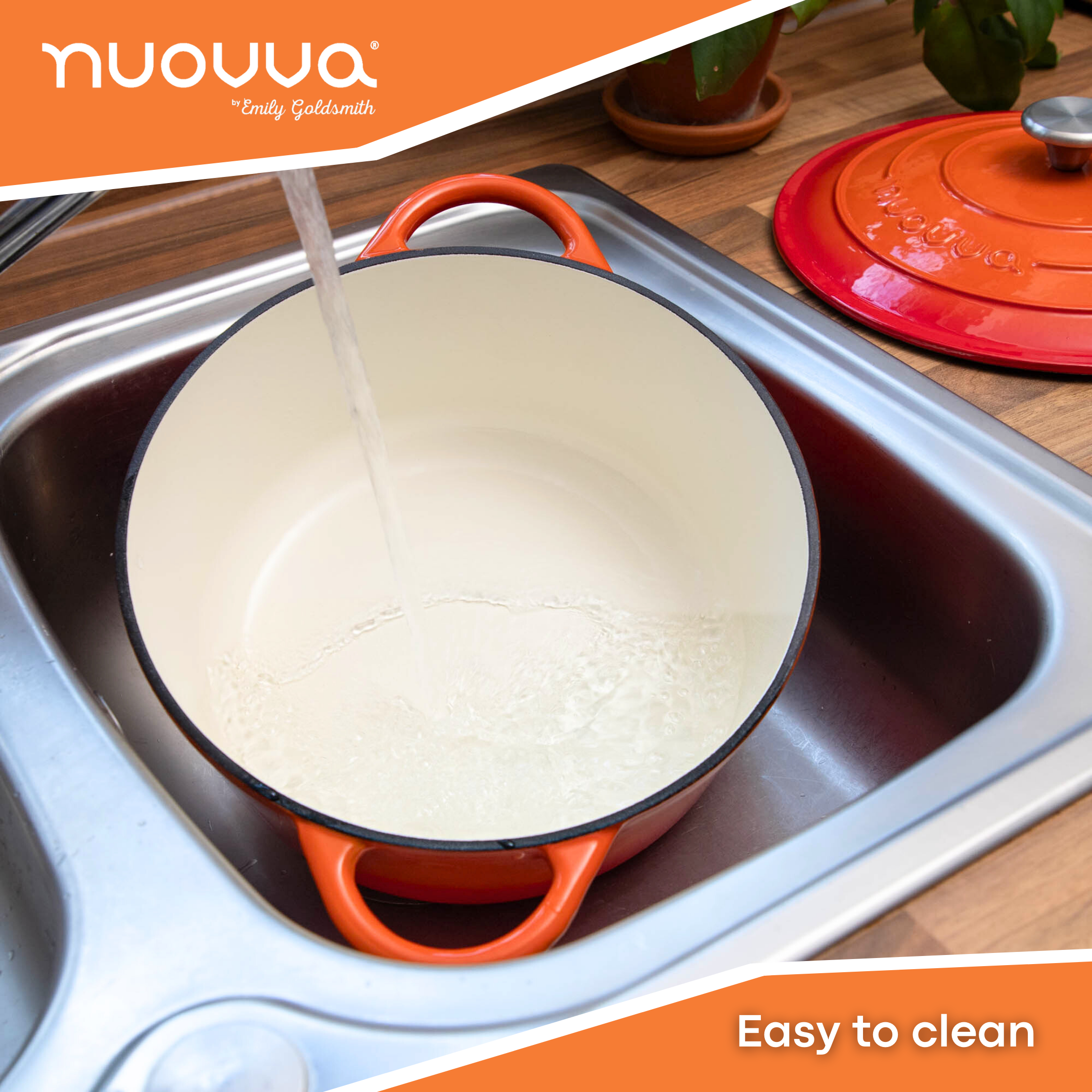 Nuovva easy to clean cast iron casserole pot with lid and white interior. 