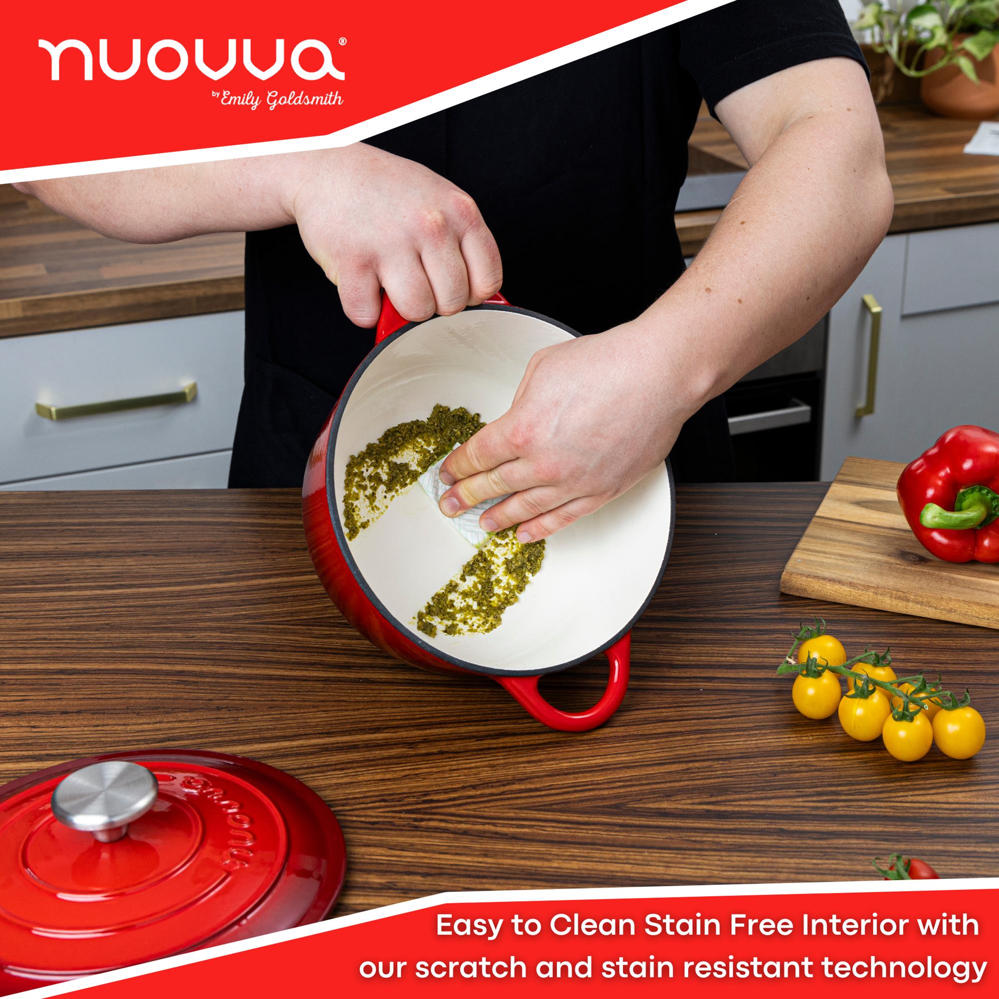 nuovva easy to clean cast iron Dutch oven with scratch and stain resistant interior